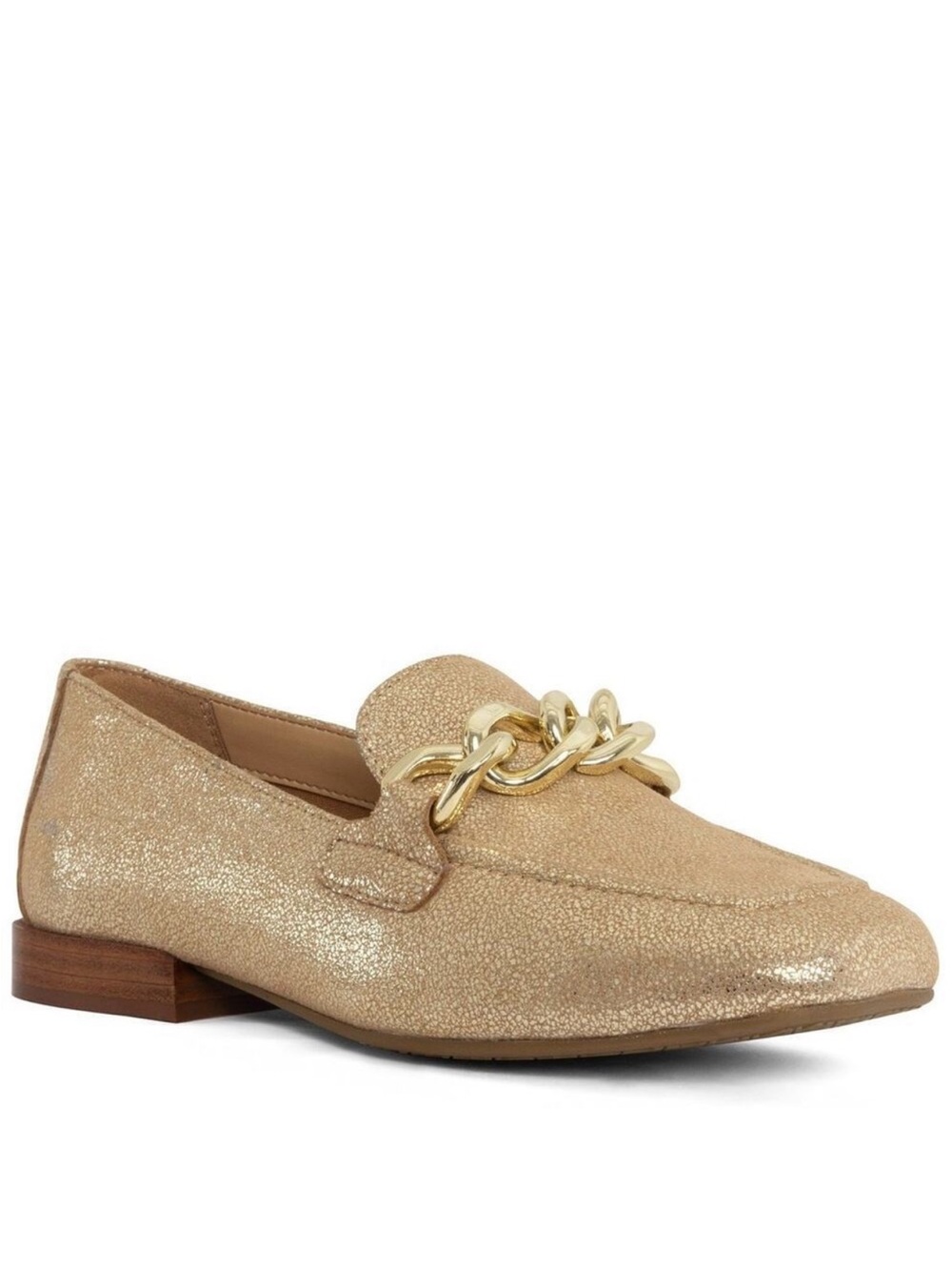 DONALD J PLINER Bethany Women's 8.5 Pale Gold Leather Metallic Loafers Chain Fla